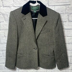 LAUREN Ralph Lauren Herringbone Wool Blazer Velvet Collar Lined Padded Shoulders